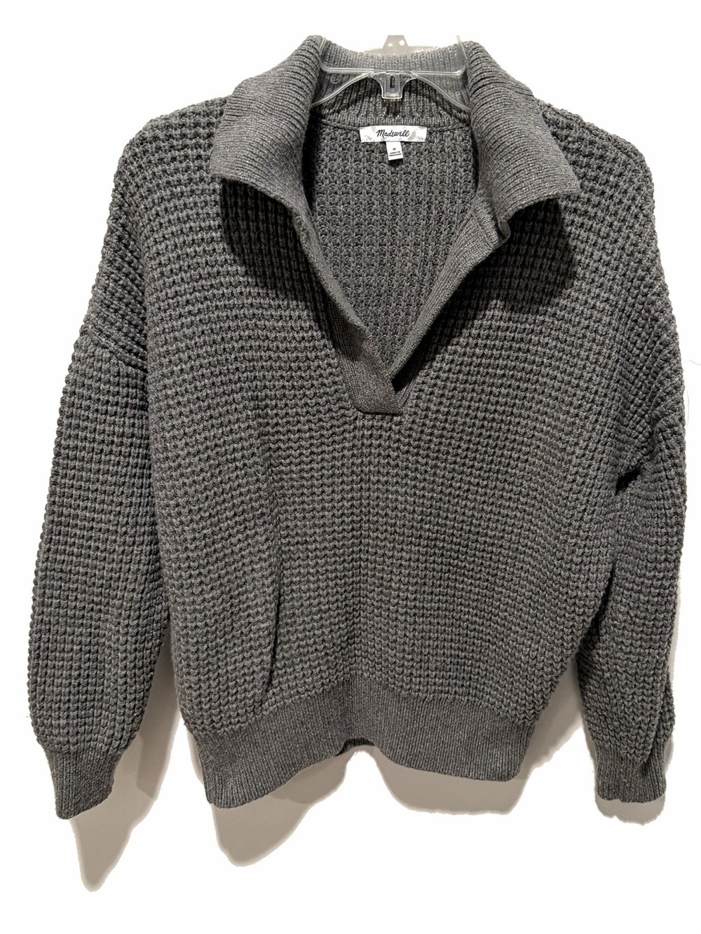 Madewell Women's Sweater M Gray Waffle-Knit Polo Sweater Collared Wool Cotton